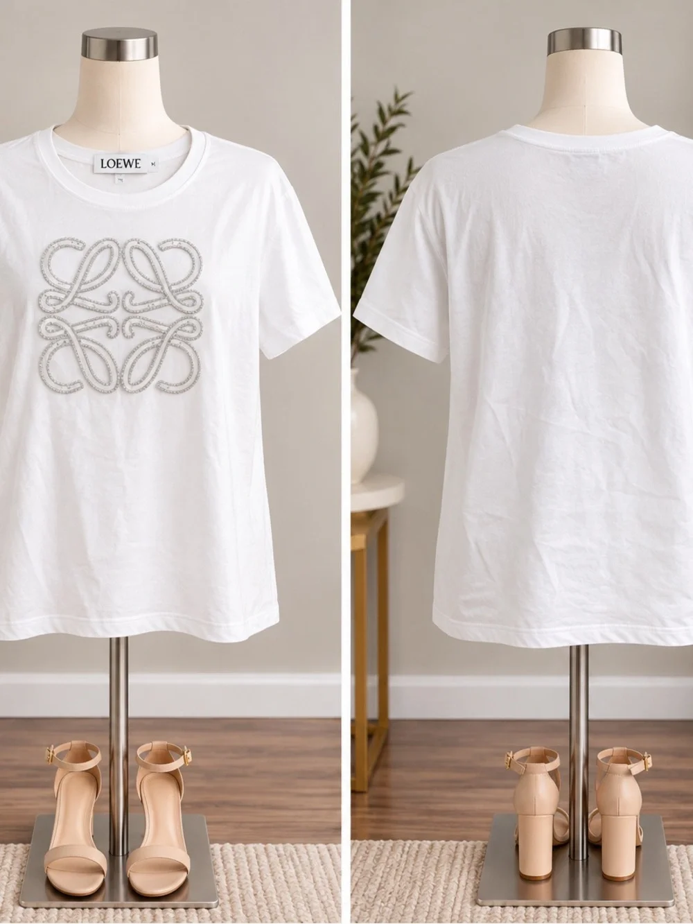 Loewe White Short-Sleeve Cotton Tee with Embroidered Anagram